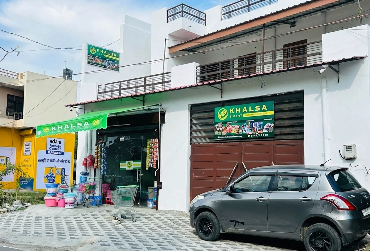 Khalsa S-Mart store front with products display in Tahliwal